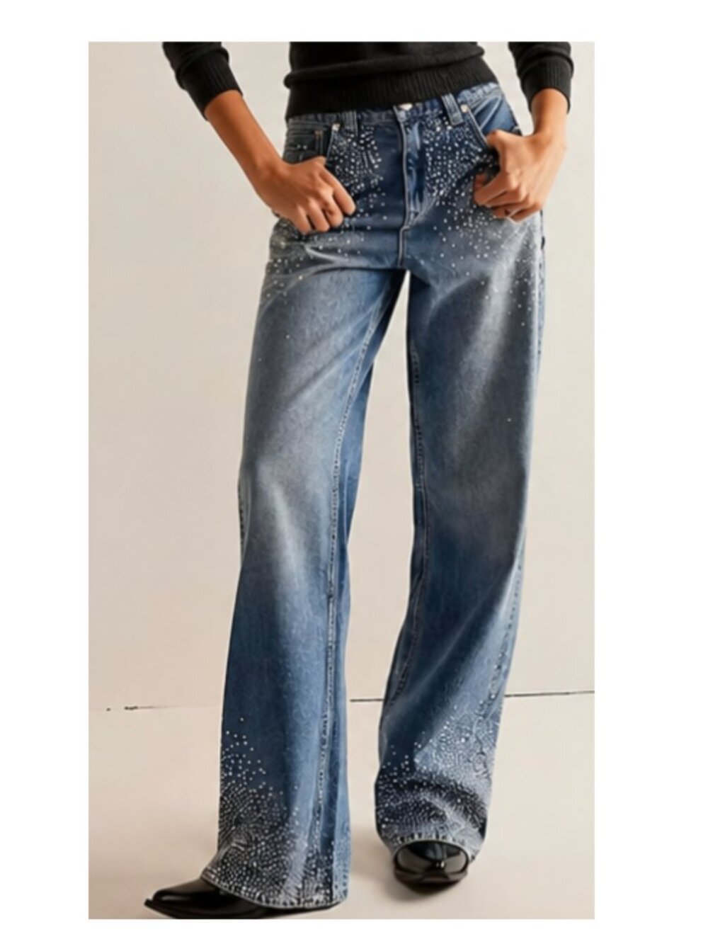 New NWOT Blue Medium Wash Rhinestones Wide Straight Leg Jeans Size XL-12